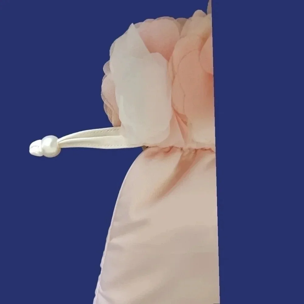 Aimer satin Dragstring Pouch Bag W/Stunning Floral Around The Top Blush Pink